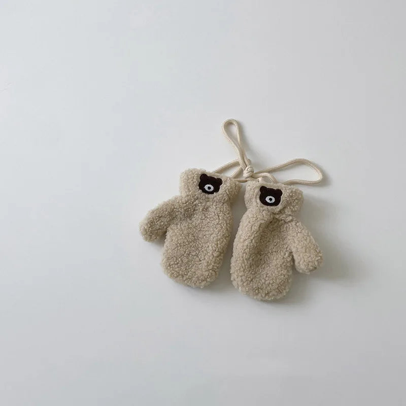 Cute Plush Baby Gloves Korean Bear Embroidered Toddler Mittens Winter Thick Warm Cashmere Kids Full Finger Gloves