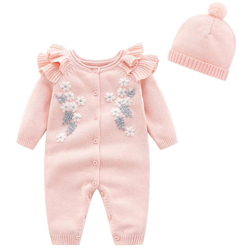 0-24M Baby Girl Rompers Knitted Kids New Spring Autumn Girl Embroidery Flower Rompers + Hat Baby Girl Newborn Rompers Clothes