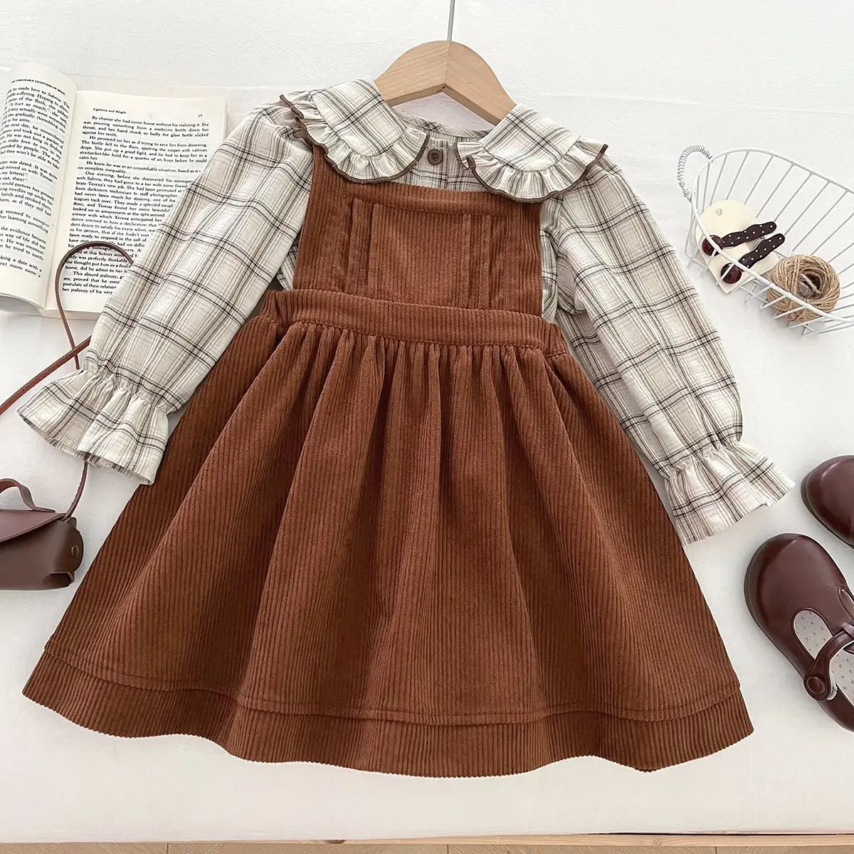 Autumn Children Girls 2PCS Clothes Set Cotton Peter Pan Collar Kid Baby Girl Plaid Shirt Outfit Solid Corduroy Little Girl Dress