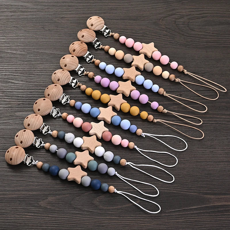 Baby Pacifier Chain Clips Wood Pentagram Teether Silicone Round Beads Teething Chain For Baby Care Soother Chew Toys Shower Gift