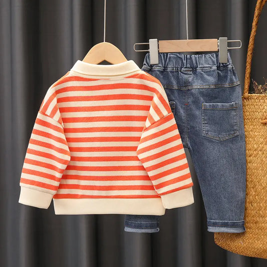 New Spring Autumn Kids Boys Clothes Strips Hoodies Jeans 2Pcs/Set Outfit Infant Kids Sport Casual Clothing Tracksuits 0-5 Years