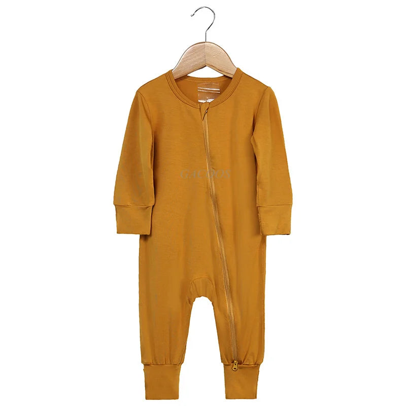 Bamboo Fiber Baby Zipper Foot Romper Baby Boy Girl Clothes Newborn Onesie Baby Jumpsuit Solid Long-Sleeve Baby Pajamas 0-24Month