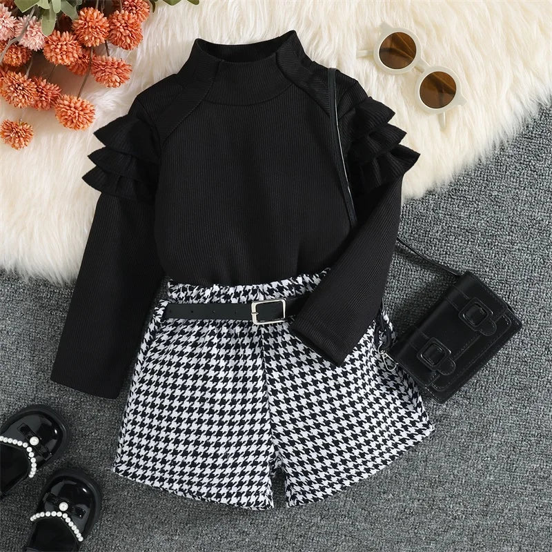 2022-08-15 Lioraitiin 0-6Years Toddler Girl Autumn Clothes Ruffled Long Sleeve High Neck Ribbed Houndstooth Print Shorts Belt