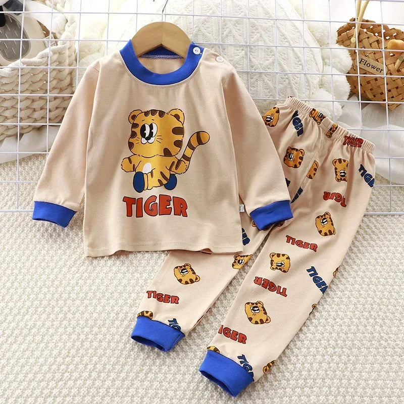 2024 New Kids Boys Girls Pajama Sets Cartoon Print Long Sleeve Cute T-Shirt Tops with Pants Toddler Baby Sleeping Clothing Sets