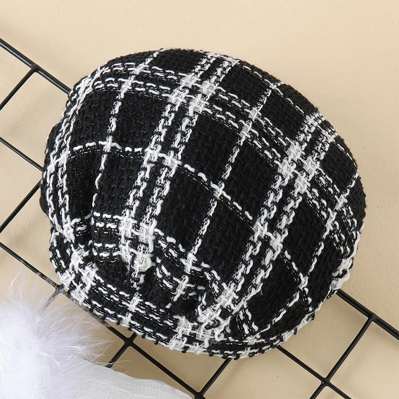 FOCUSNORM 0-4Y Fashion Kids Girls 3Pcs Clothes Sets Outfits Fur Short Sleeve Ribbed Tops + Plaid Belt Skirt + Hat