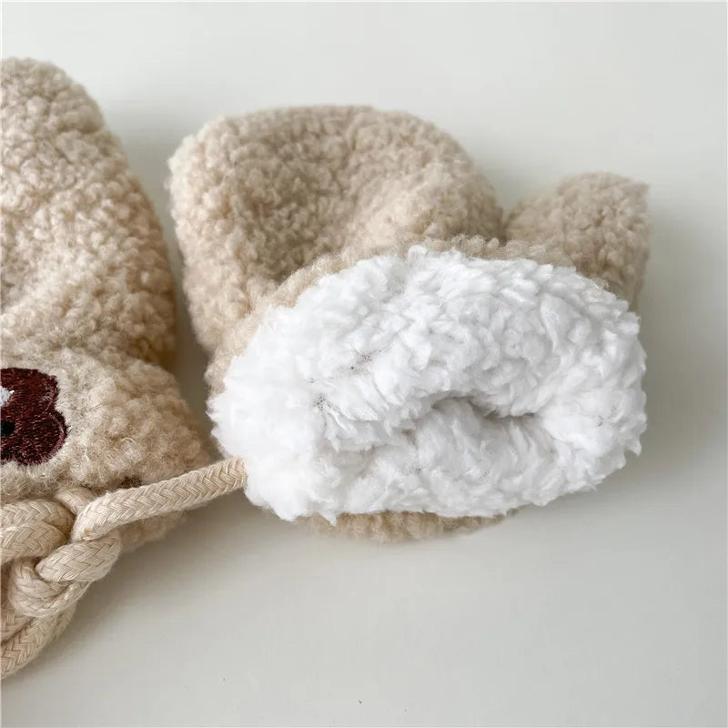 Cute Bear Baby Plush Gloves Thicken Lamb Wool Kids Hanging Neck Glove Cartoon Children Gloves 2-5Year Girl Boy Winter Hand Warm
