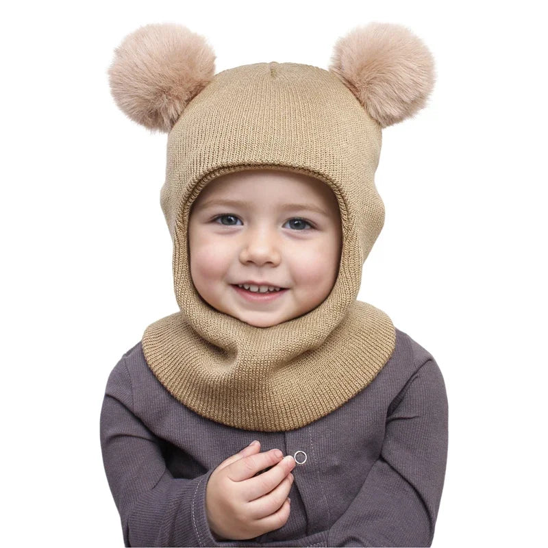 One-Piece Baby Hat Scarf for Boys Cute Pompom Kids Knitted Beanie Winter Infant Girls Cap Ears Neck Warm Protection Bonnet 1-5Y