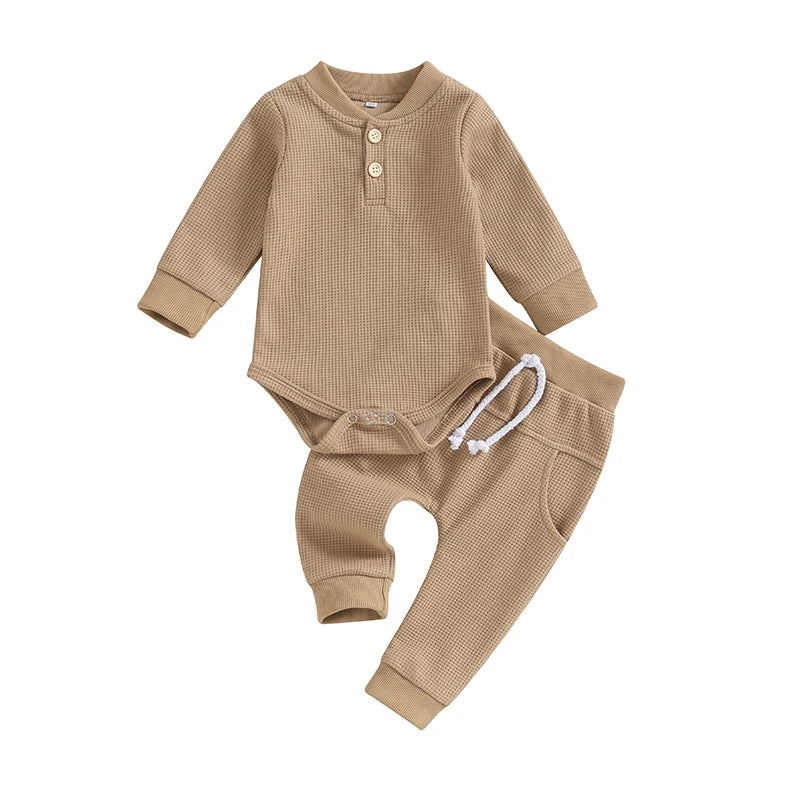 Pudcoco Infant Baby Girll Boy Waffle Jumpsuit Outfits Solid Color Long Sleeve Romper with Elastic Waist Pants 0-12M