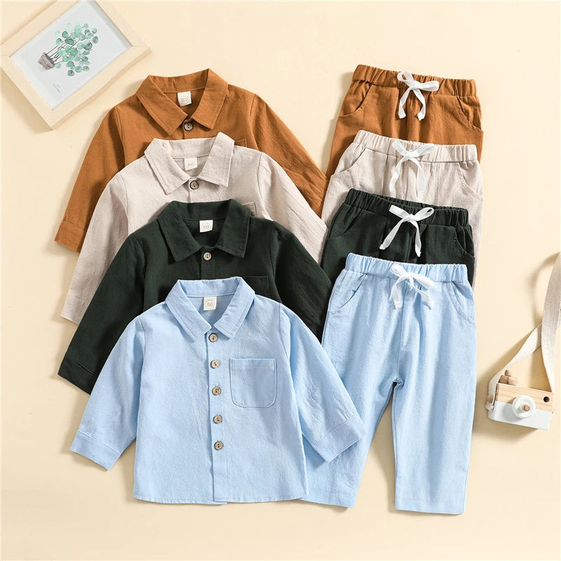 Kids Boys Autumn Clothes Set Solid Color Long Sleeve Button Up Shirt Tops and Elastic Casual Drawstring Pants Outfits