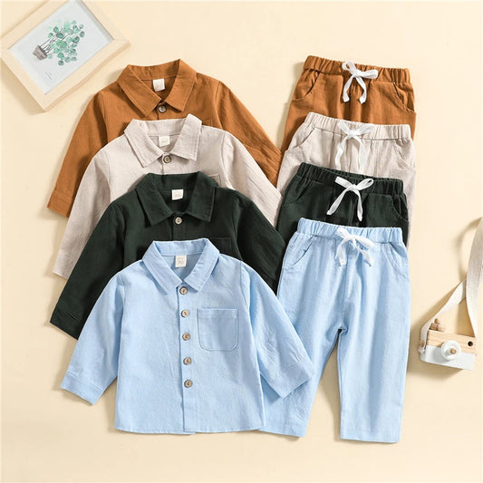 Kids Boys Autumn Clothes Set Solid Color Long Sleeve Button Up Shirt Tops and Elastic Casual Drawstring Pants Outfits