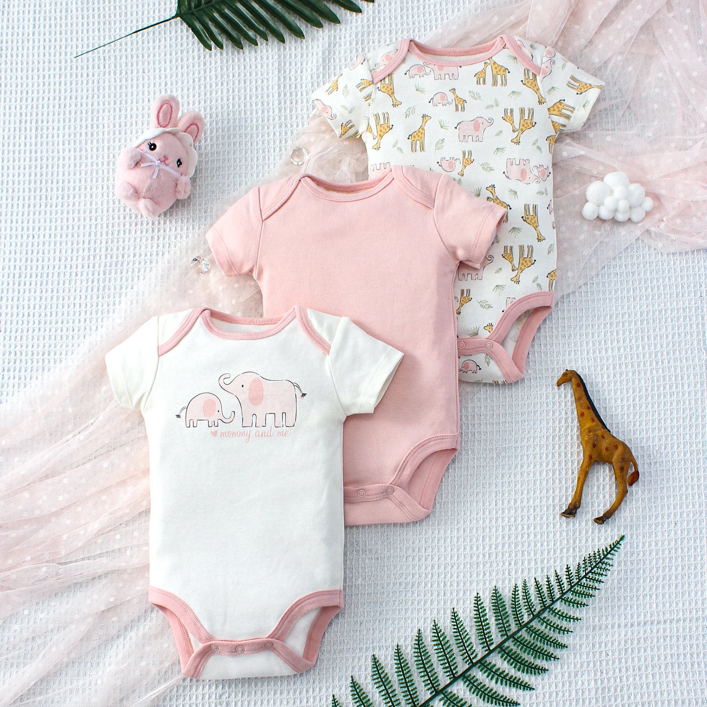 ﻿ 3PCS Summer Baby Girls Three Piece Bodysuit  Animal Kingdom and Elephant Letter Pattern Short Sleeve Bodysuit Mother's Day Gif