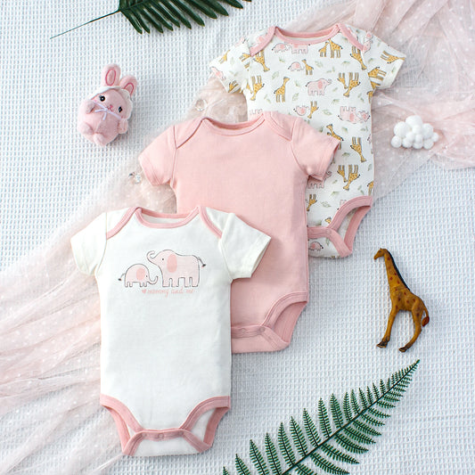 ﻿ 3PCS Summer Baby Girls Three Piece Bodysuit  Animal Kingdom and Elephant Letter Pattern Short Sleeve Bodysuit Mother's Day Gif