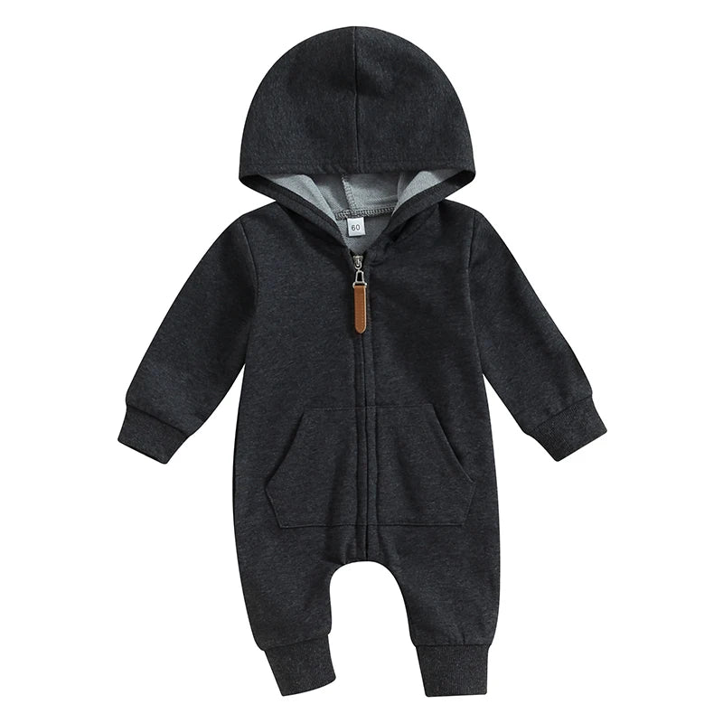 2023-07-19 Lioraitiin 0-12M Newborn Baby Boys Girls Fall Jumpsuits Long Sleeve Solid Zip Up Hooded Rompers Newborn Outfit
