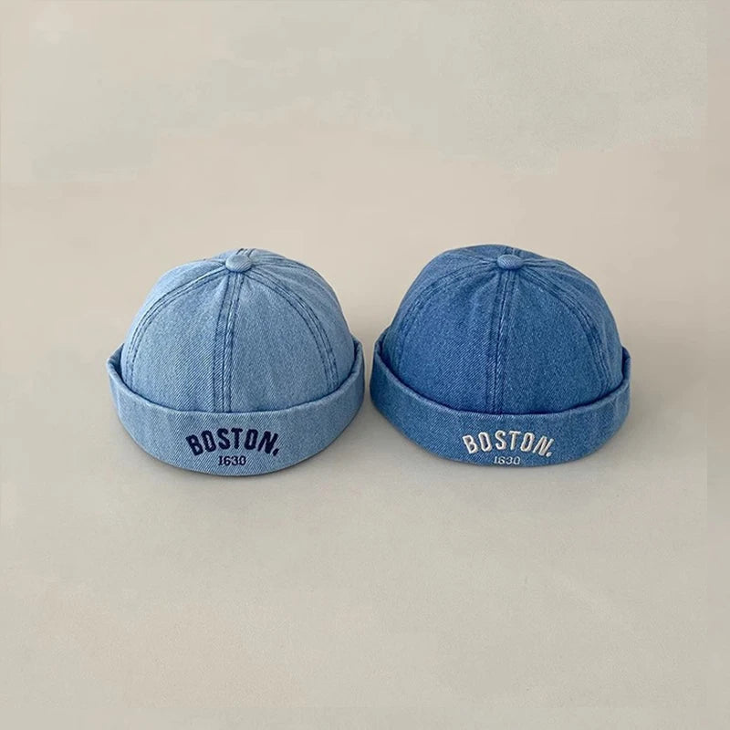 Korean Denim Melon Capfor Baby Hip Hop Letter Embroidered Brimless Hat Adjustable Kids Landlord Hats Retro Dome Docker Beanies