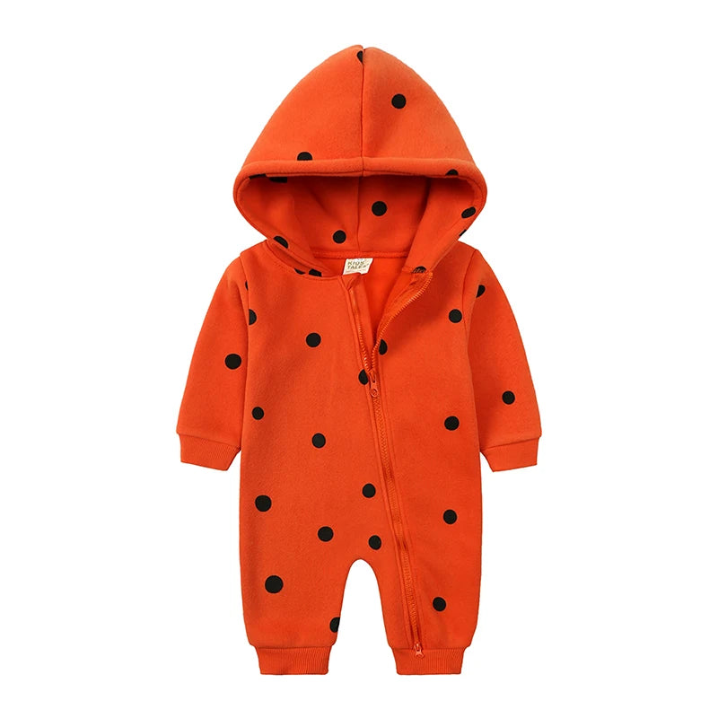 2025 Infant Baby Boys Girls Print Romper Newborn Cotton Fleece Hooded Jumpsuit Toddler Warm Cute Bodysuit Costume For 0-24M
