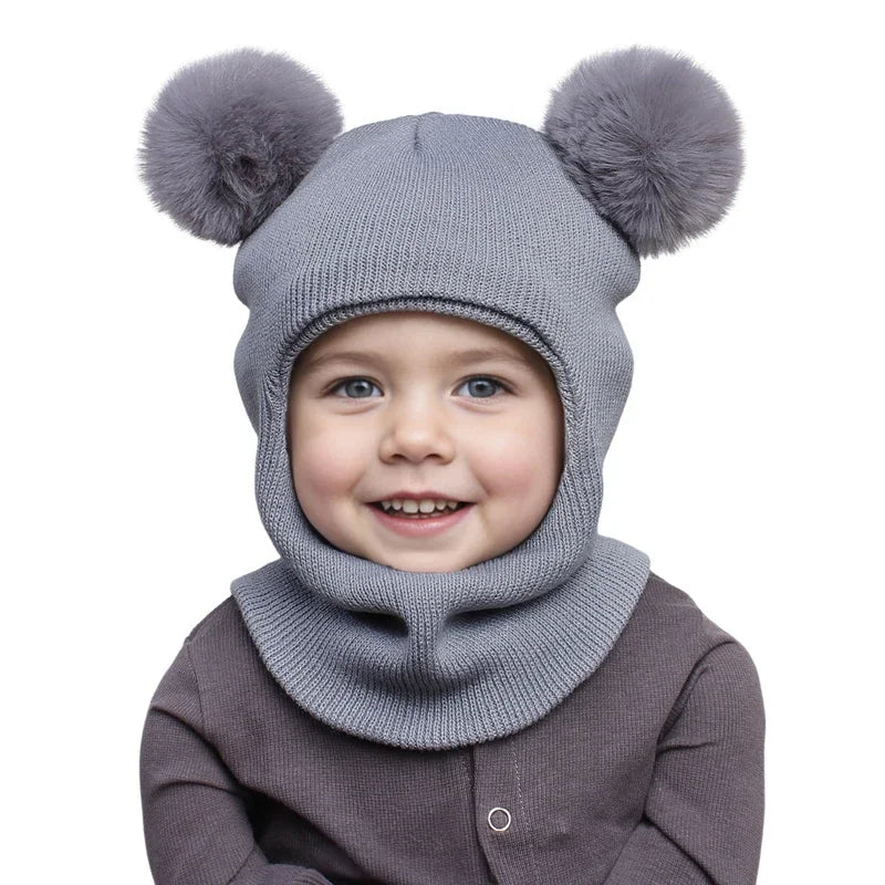 One-Piece Baby Hat Scarf for Boys Cute Pompom Kids Knitted Beanie Winter Infant Girls Cap Ears Neck Warm Protection Bonnet 1-5Y