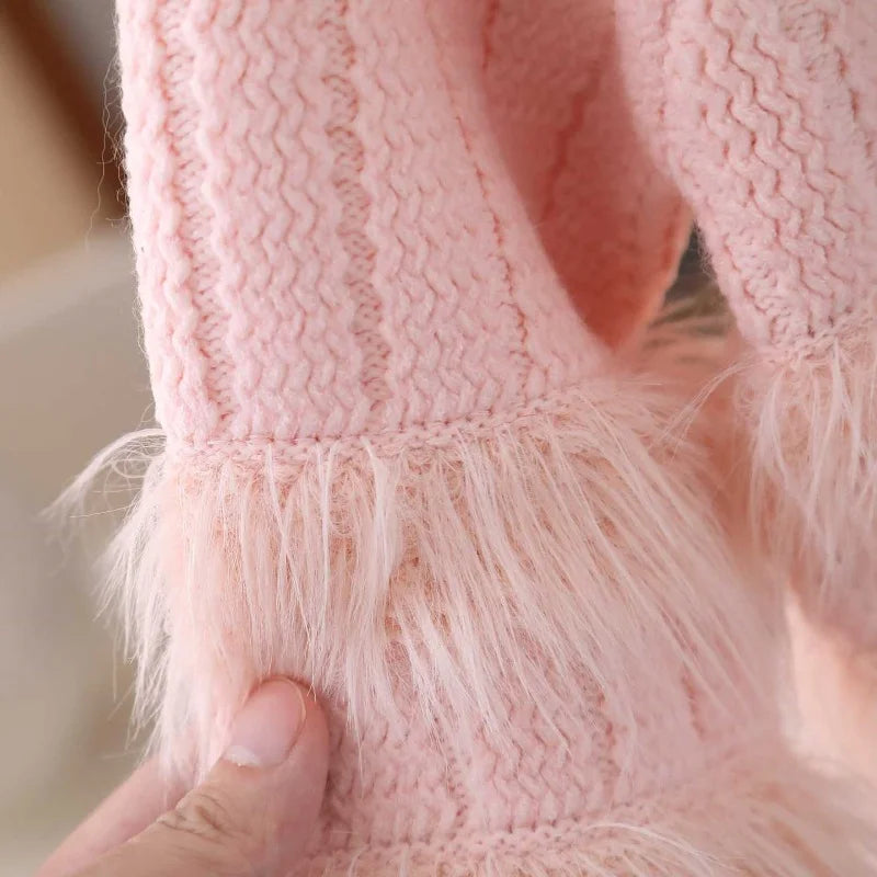 Girls Bow Knit Sweater Set Autumn Winter New - Fluffy Princess Outfit Thickened Knitted Clothing 2-8Y Kids
