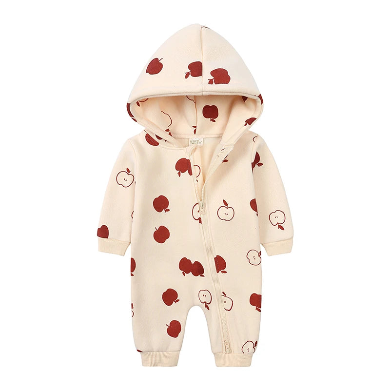 2025 Infant Baby Boys Girls Print Romper Newborn Cotton Fleece Hooded Jumpsuit Toddler Warm Cute Bodysuit Costume For 0-24M
