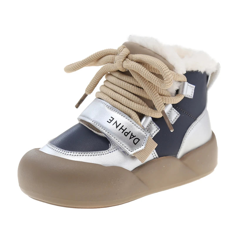 Winter Plush Boots For Children PU Leather Teenager Kid's Snow Boots Thick Warm Faux Fur Children's Cotton Shoes Boy's Girl's