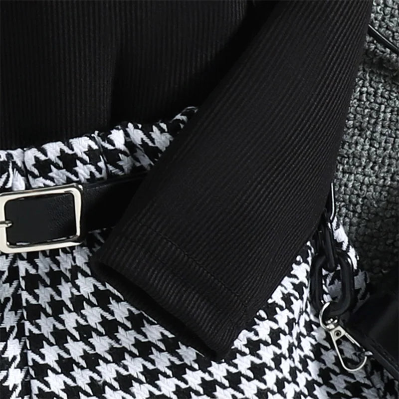 2022-08-15 Lioraitiin 0-6Years Toddler Girl Autumn Clothes Ruffled Long Sleeve High Neck Ribbed Houndstooth Print Shorts Belt