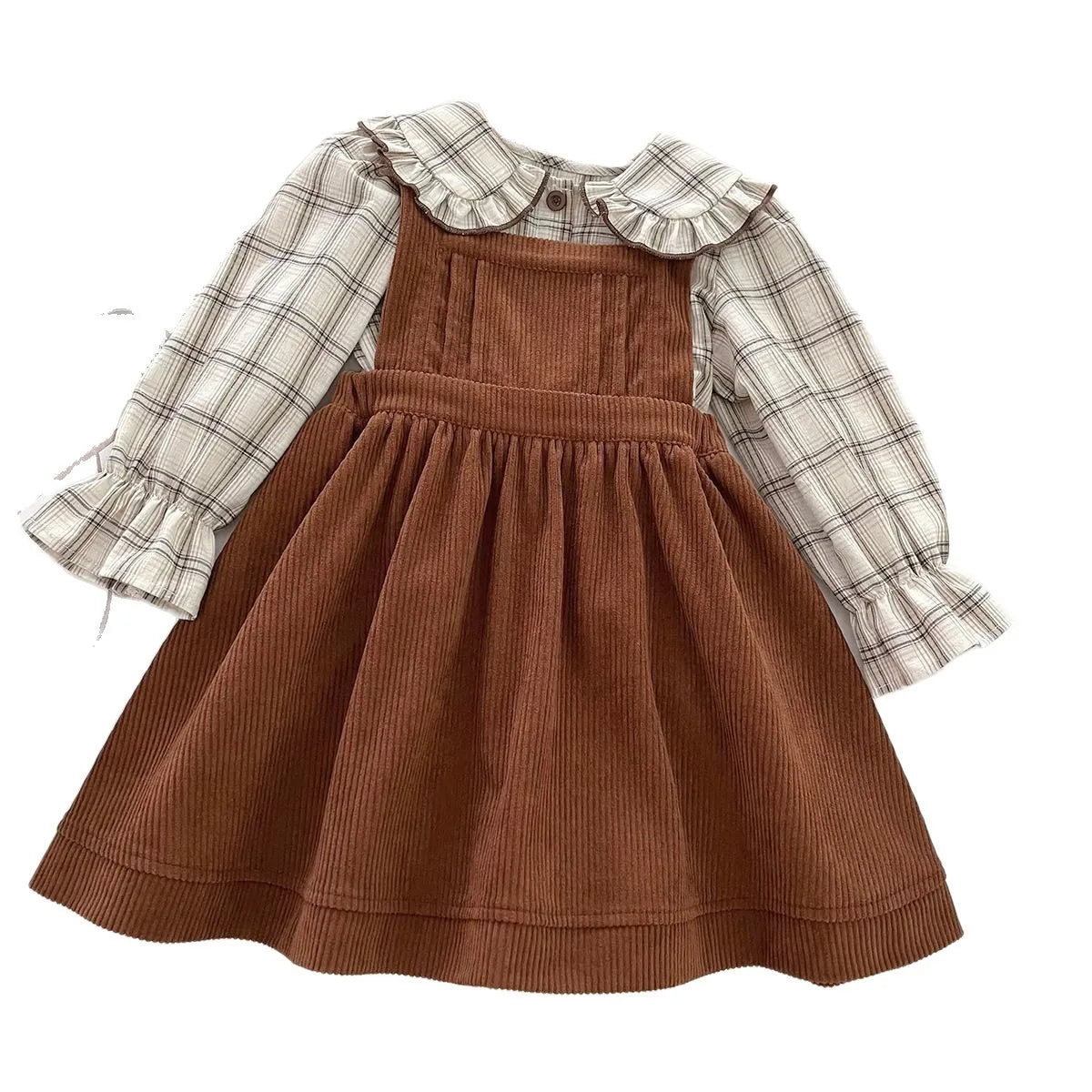 Autumn Children Girls 2PCS Clothes Set Cotton Peter Pan Collar Kid Baby Girl Plaid Shirt Outfit Solid Corduroy Little Girl Dress
