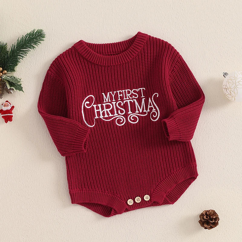 FOCUSNORM 4 Color Autumn Winter Baby Boys Girls Christmas Sweater Romper Letter Embroidery Round Neck Long Sleeve Knit Jumpsuit