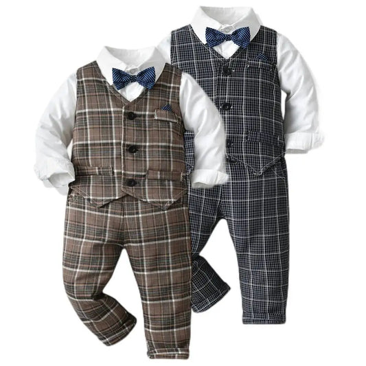 Korean Boy Autumn Plaid Vest+White Shirt+Trousers Suit Children Clothing Baby Boy 2-10 Years Old Suit Kids Boy Clothes 70-130cm