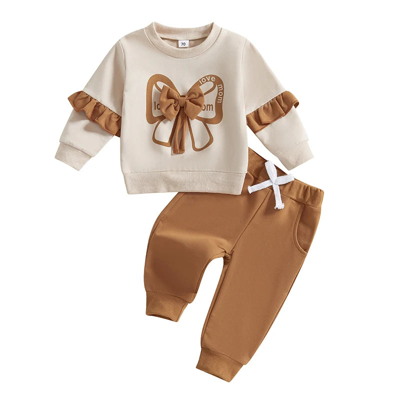 Pudcoco Baby Girls 2-piece Outfit, Long Sleeve Crew Neck Bow Sweatshirt with Elastic Waist Sweatpants Fall Clothes 0-3T