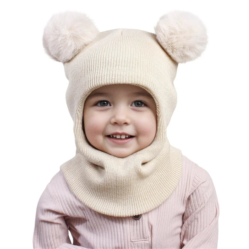 One-Piece Baby Hat Scarf for Boys Cute Pompom Kids Knitted Beanie Winter Infant Girls Cap Ears Neck Warm Protection Bonnet 1-5Y