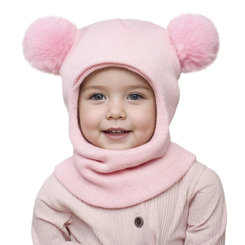 One-Piece Baby Hat Scarf for Boys Cute Pompom Kids Knitted Beanie Winter Infant Girls Cap Ears Neck Warm Protection Bonnet 1-5Y