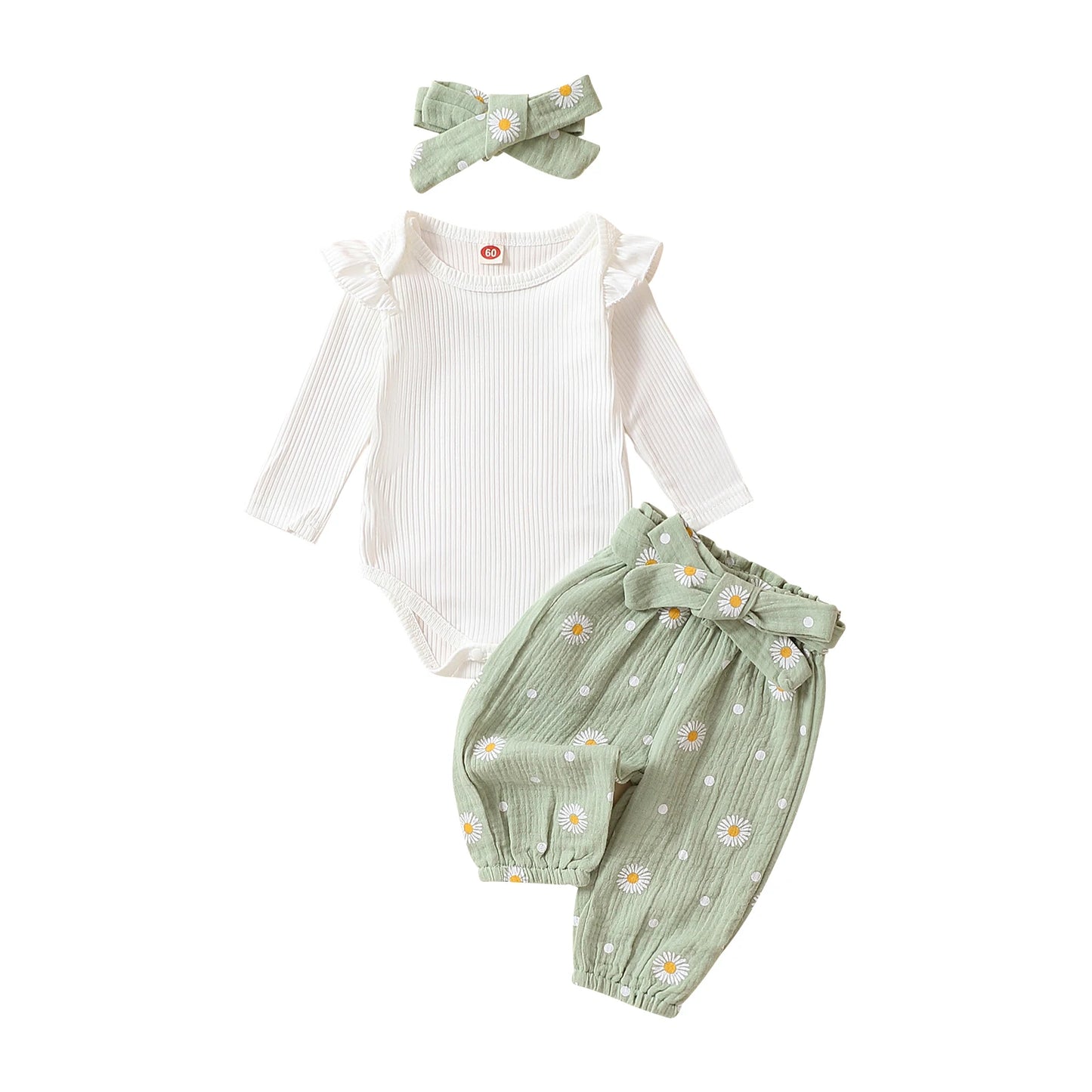 Spring Infant Baby Girls Pants Sets White Long Sleeve Ruffle Romper Daisy Print Belted Pants Headband Autumn Sets