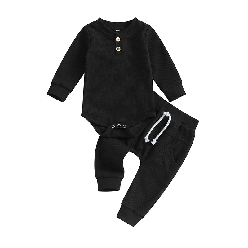 Pudcoco Infant Baby Girll Boy Waffle Jumpsuit Outfits Solid Color Long Sleeve Romper with Elastic Waist Pants 0-12M