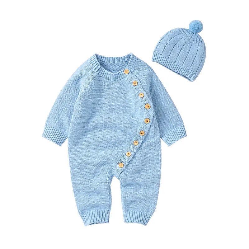 New Born Baby Boy Girl Clothes Knit Jumpsuit Fall Winter 2023 Warm Long Sleeve Crew Neck Button Closure Solid Romper with Hat