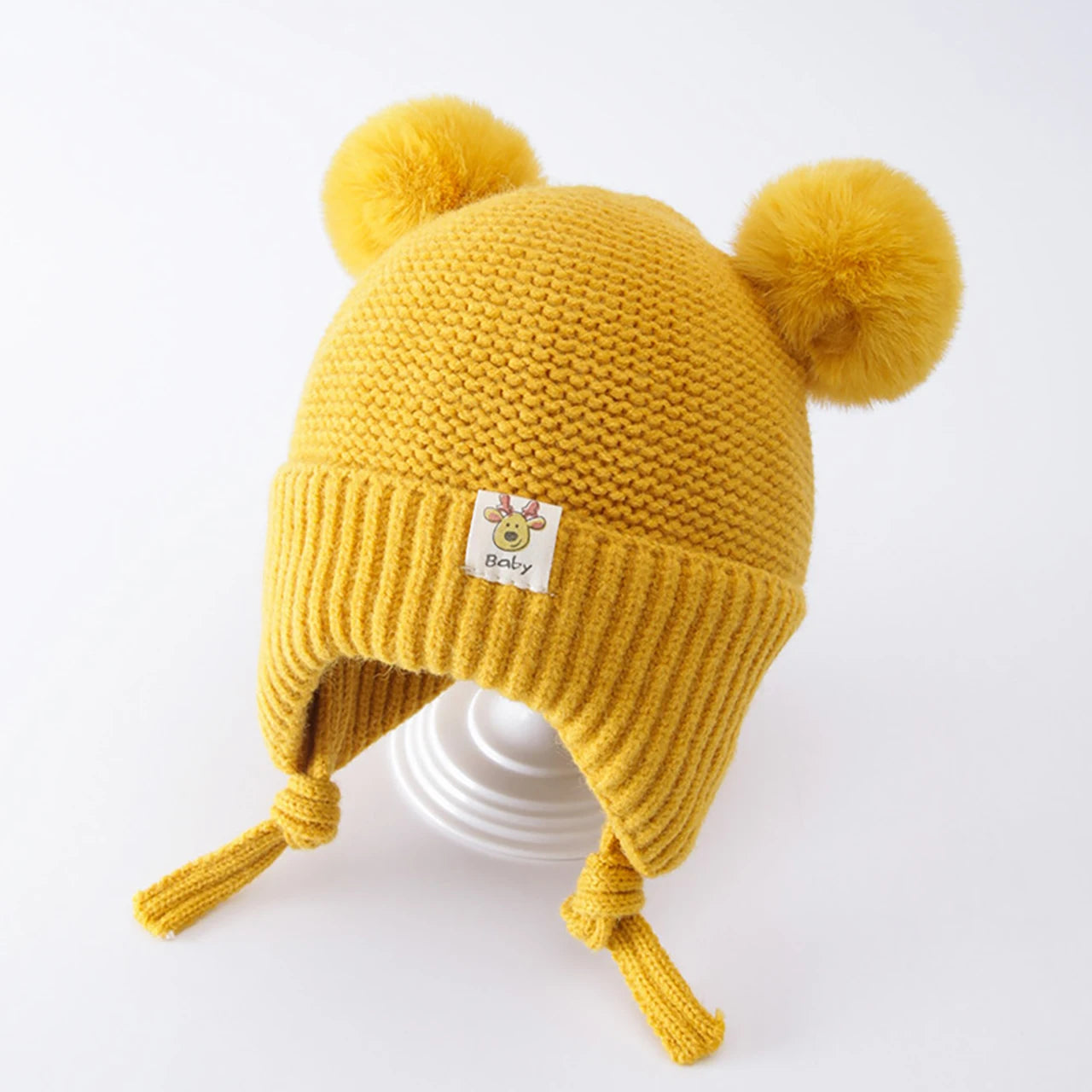 Winter Baby Earflap Hat Warm Thick Knitted Ear Protection Cap for Kids Boy Girl Cute Pompom Cotton Lining Beanie Caps