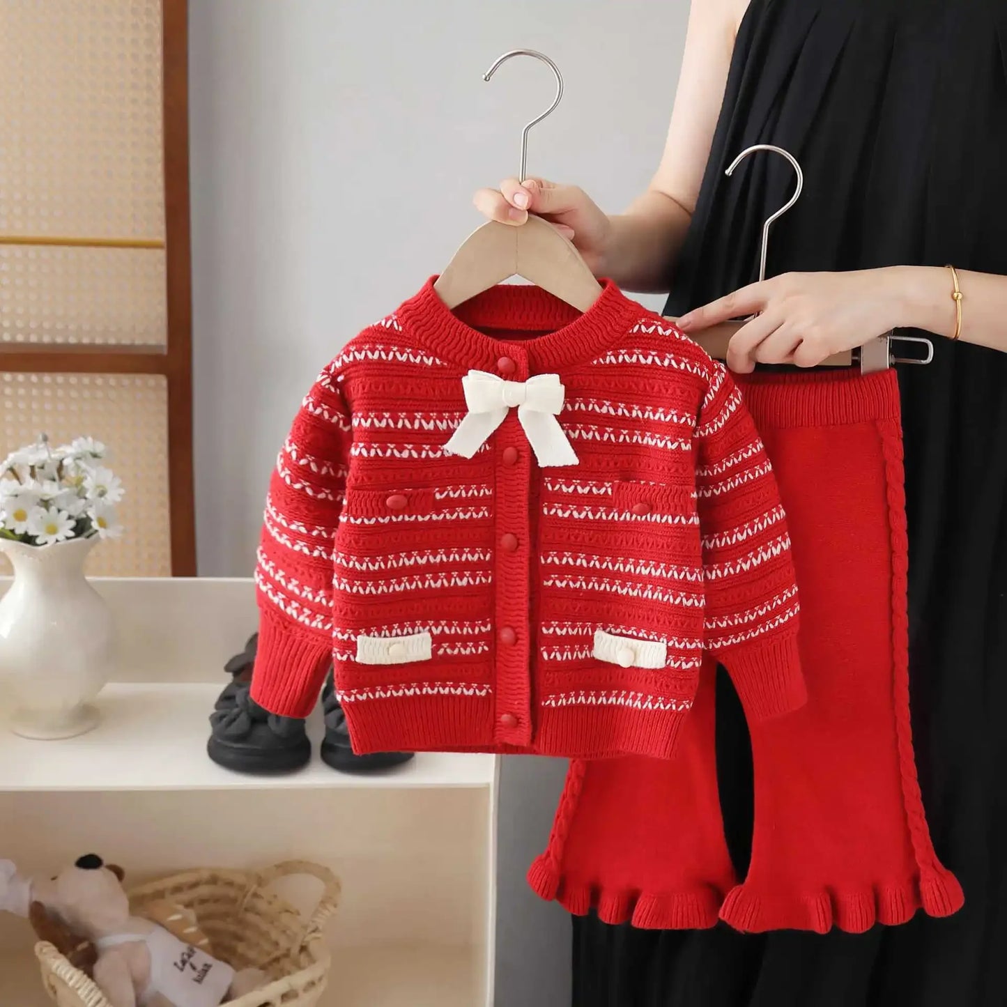 Girls Bow Knit Sweater Set Autumn Winter New - Fluffy Princess Outfit Thickened Knitted Clothing 2-8Y Kids