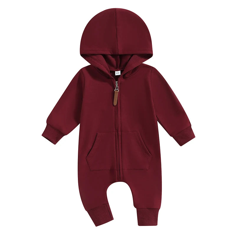 2023-07-19 Lioraitiin 0-12M Newborn Baby Boys Girls Fall Jumpsuits Long Sleeve Solid Zip Up Hooded Rompers Newborn Outfit