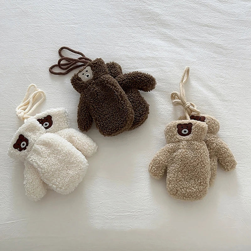 Cute Embroidered Bear Baby Gloves Lamb Wool Winter Boys Girls Full Finger Gloves Outdoor Windproof Warm Kids Mittens