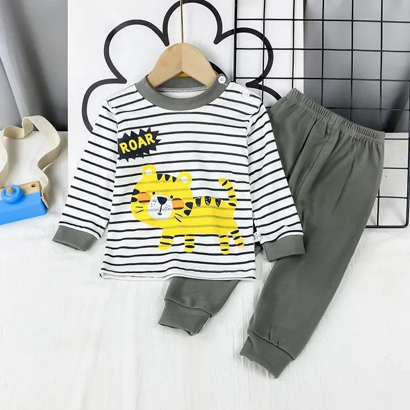 2024 New Kids Boys Girls Pajama Sets Cartoon Print Long Sleeve Cute T-Shirt Tops with Pants Toddler Baby Sleeping Clothing Sets