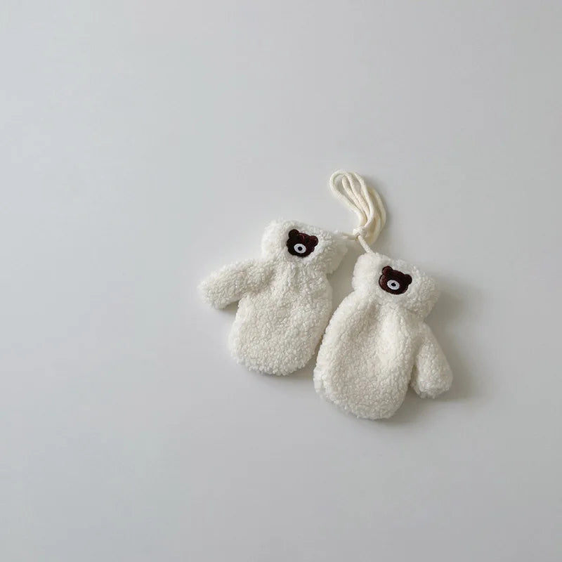 Cute Bear Baby Plush Gloves Thicken Lamb Wool Kids Hanging Neck Glove Cartoon Children Gloves 2-5Year Girl Boy Winter Hand Warm