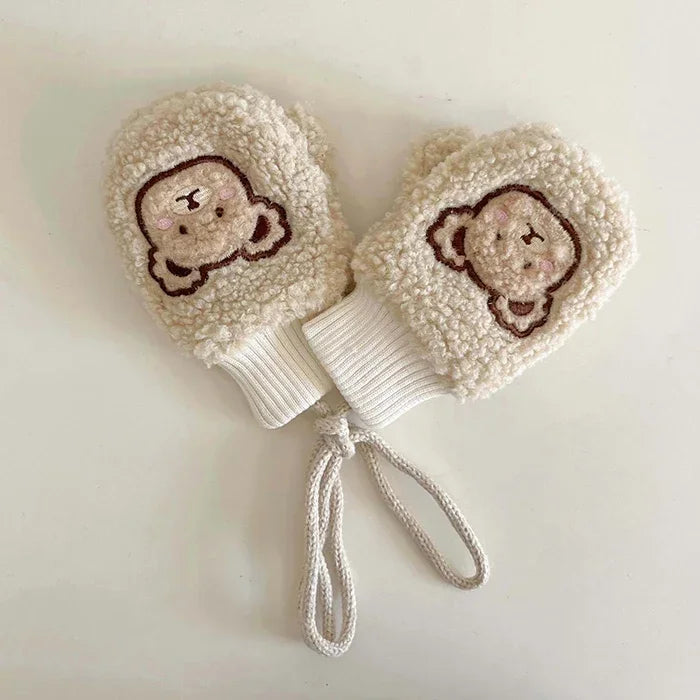 1-4Y Baby Cartoon Bear Label Mittens Winter Warm Kids Girls Gloves Soft Fur Children Toddler Thick Child Fleece Cartoon Mittens