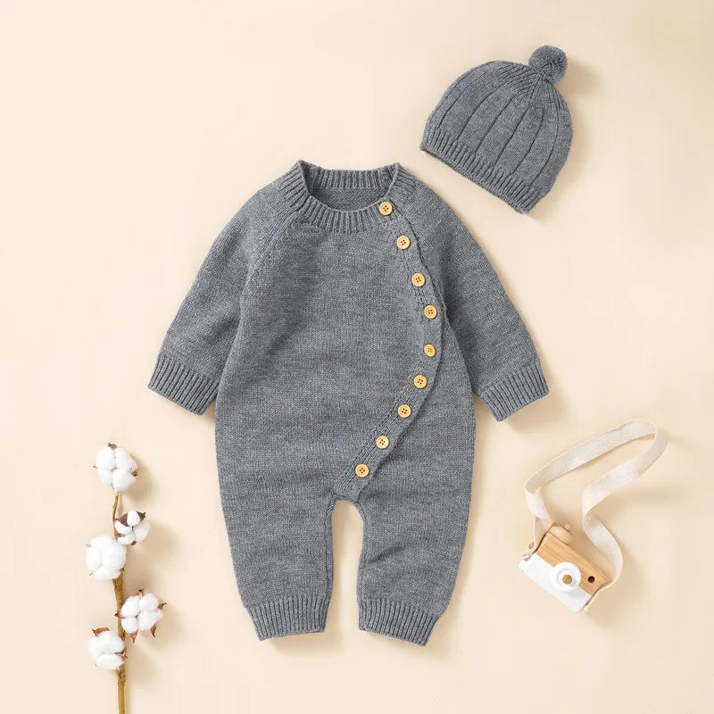 New Born Baby Boy Girl Clothes Knit Jumpsuit Fall Winter 2023 Warm Long Sleeve Crew Neck Button Closure Solid Romper with Hat