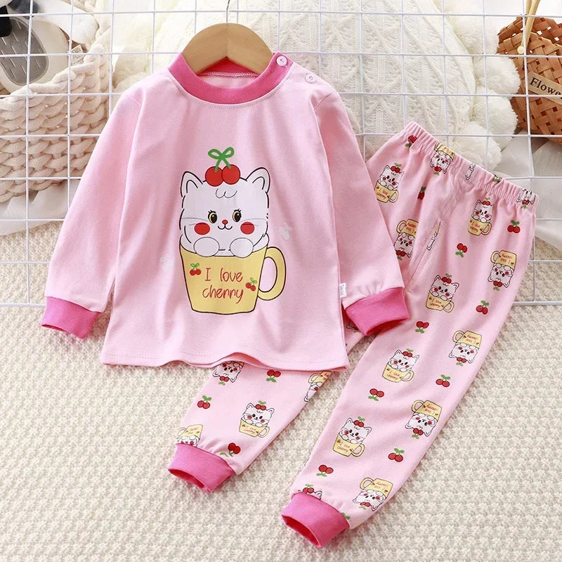 2024 New Kids Boys Girls Pajama Sets Cartoon Print Long Sleeve Cute T-Shirt Tops with Pants Toddler Baby Sleeping Clothing Sets