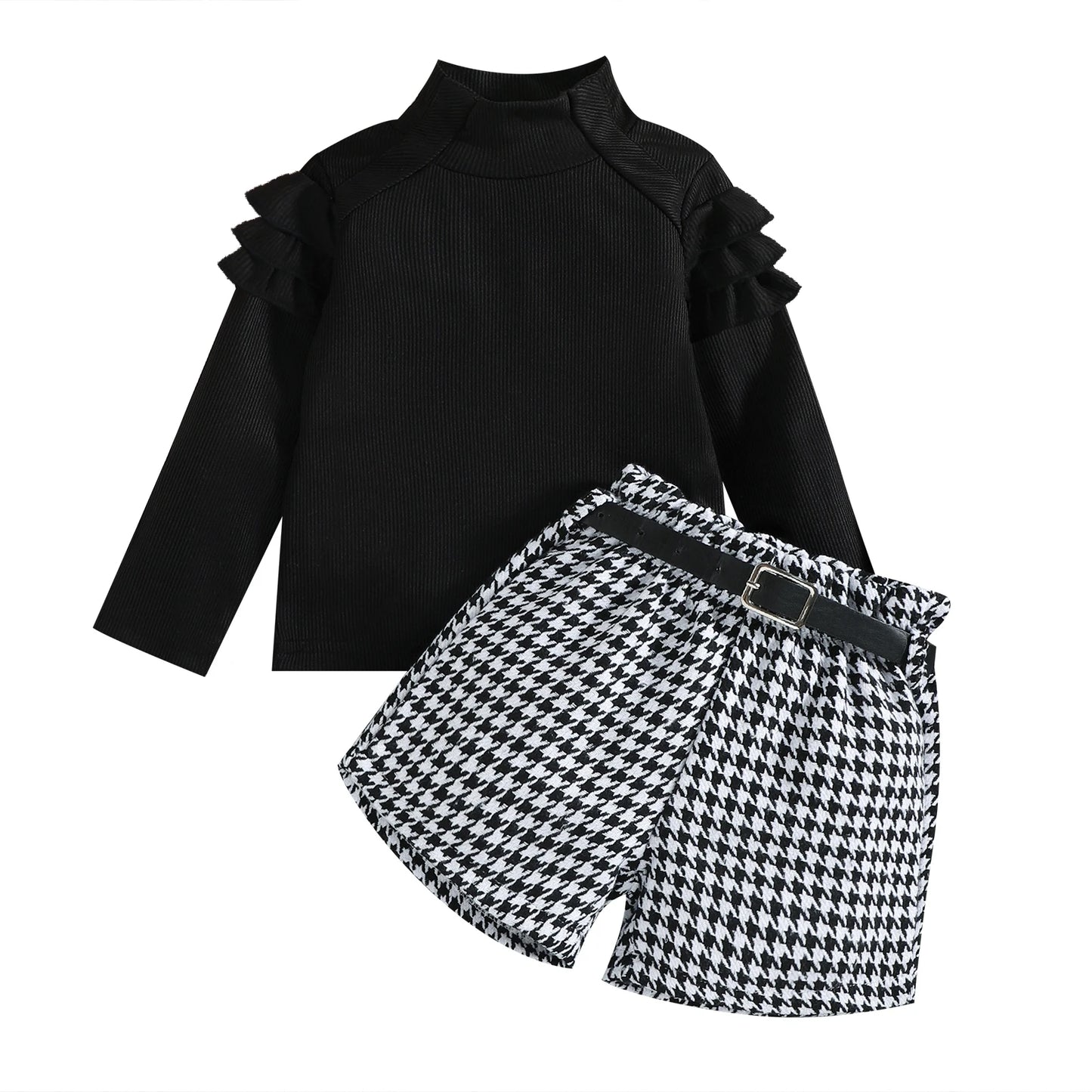 2022-08-15 Lioraitiin 0-6Years Toddler Girl Autumn Clothes Ruffled Long Sleeve High Neck Ribbed Houndstooth Print Shorts Belt