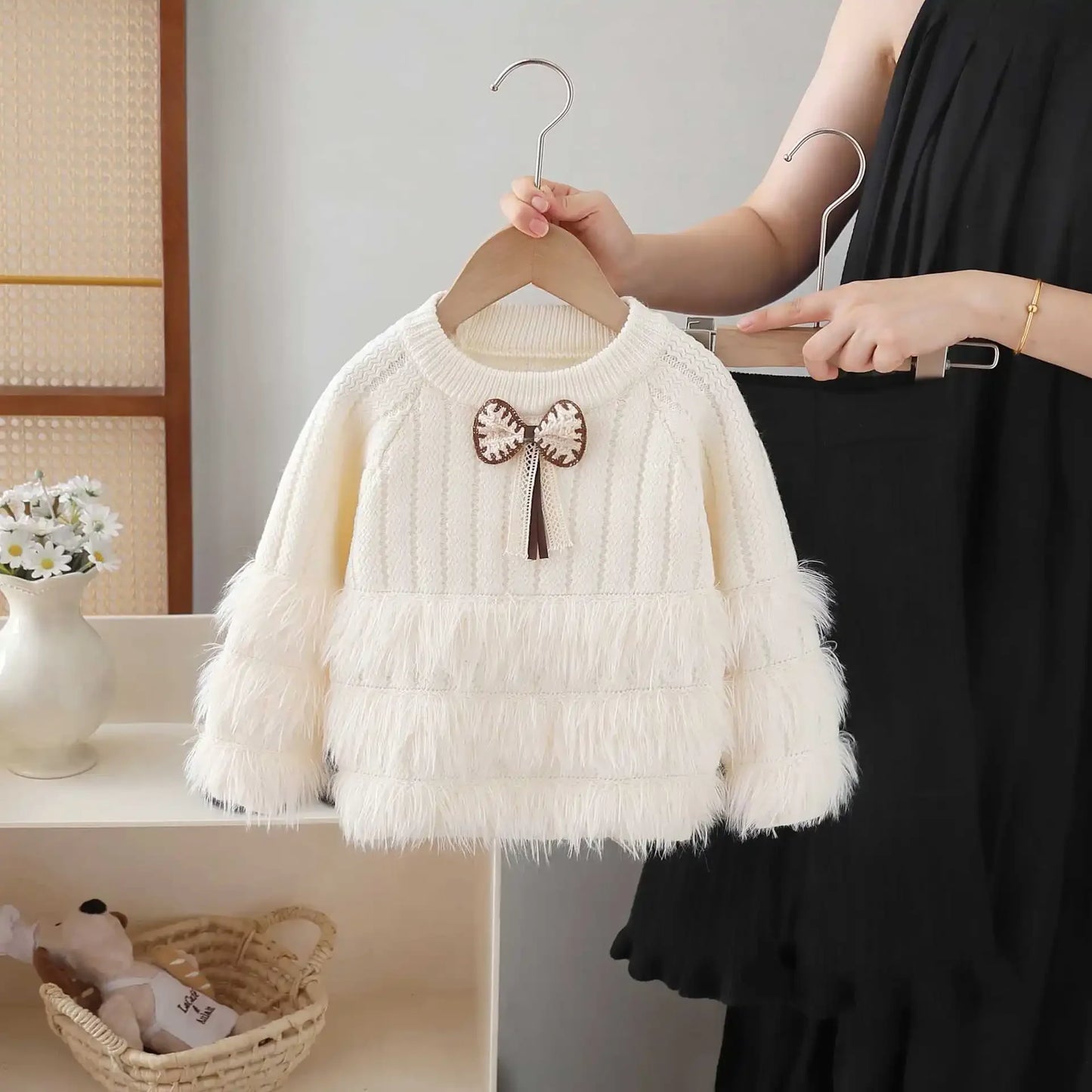 Girls Bow Knit Sweater Set Autumn Winter New - Fluffy Princess Outfit Thickened Knitted Clothing 2-8Y Kids