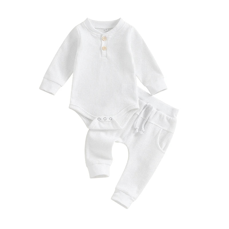 Pudcoco Infant Baby Girll Boy Waffle Jumpsuit Outfits Solid Color Long Sleeve Romper with Elastic Waist Pants 0-12M