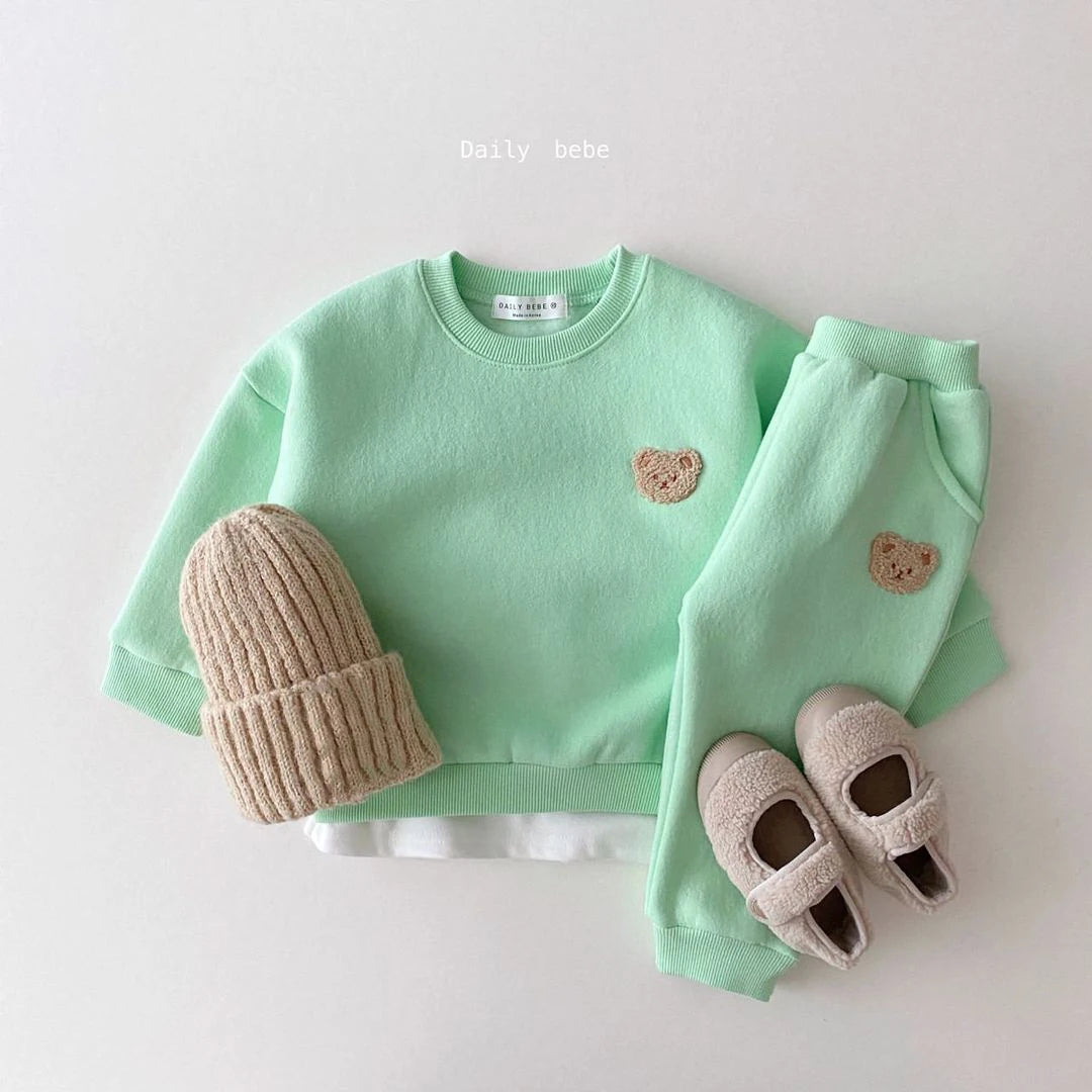 Winter Warm Velvet Newborn Set Baby Girls Clothese Little Bear Embroidery Sports Pullover Top+Pant 2Pcs Wool Lining Clothing