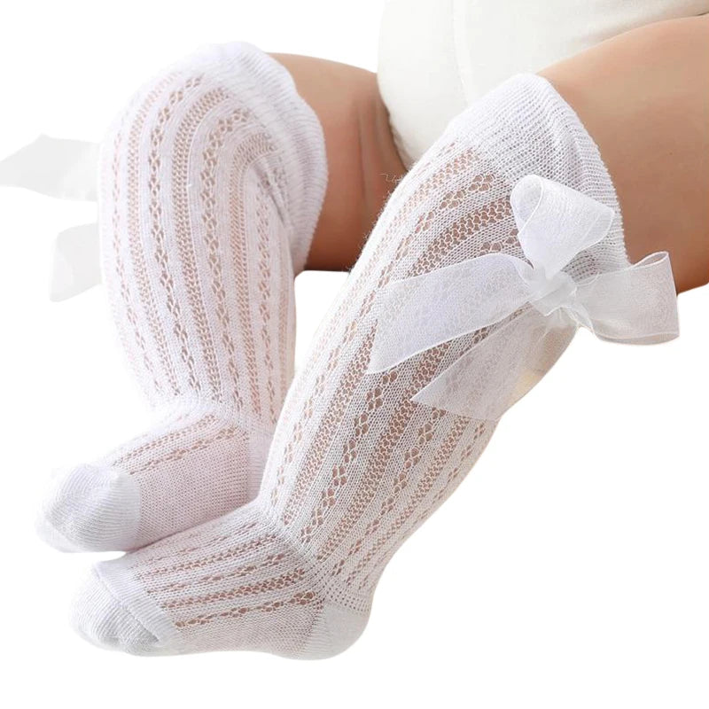 Baby Knee High Socks Toddler Long Socks Girls Bow Ruffled Knee Socks Bow Mesh Tube Stockings Infant Dress Socks