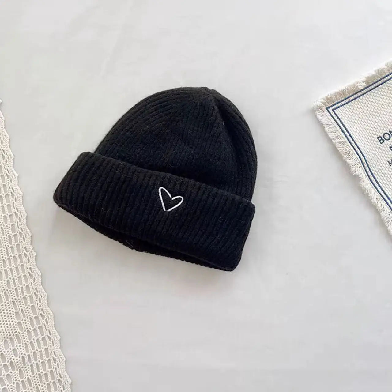 Solid Color Kids Knitted Hat Scarf Love Heart Embroidery Autumn Winter Warm Baby Beanie Outdoor Anti-cold Boys Girls Cap Scarves