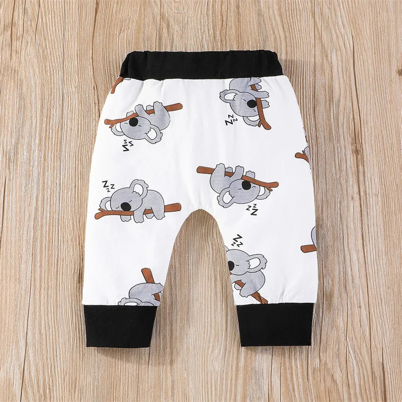 Pudcoco Infant Newborn Baby Boys Outfits Koala Long Sleeve Crew Neck Romper Elastic Waist Long Pants Hat 3Pcs Clothes Set 0-18M