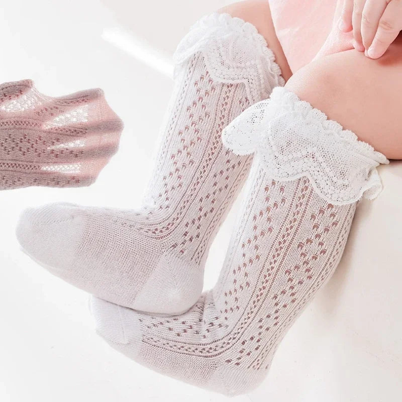 Baby Lace Princess Knee High Socks Kids Girls Boys Long Sock Cotton Mesh Breathable Children Hollow Out Socken for 0-3 Years Old